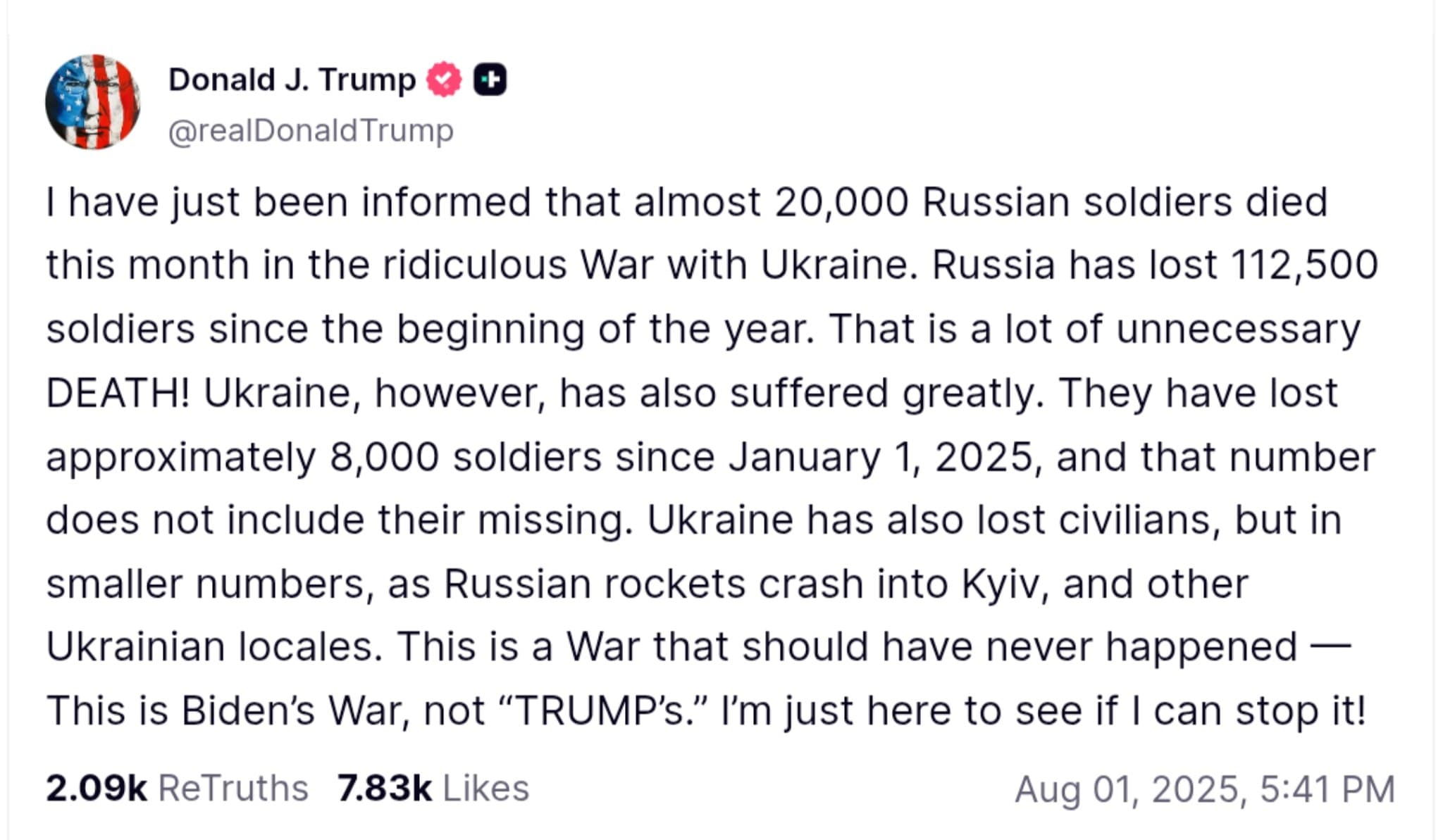 Trump Reports 20,000 Russian Soldiers Killed in October, Totaling 112,000 This Year