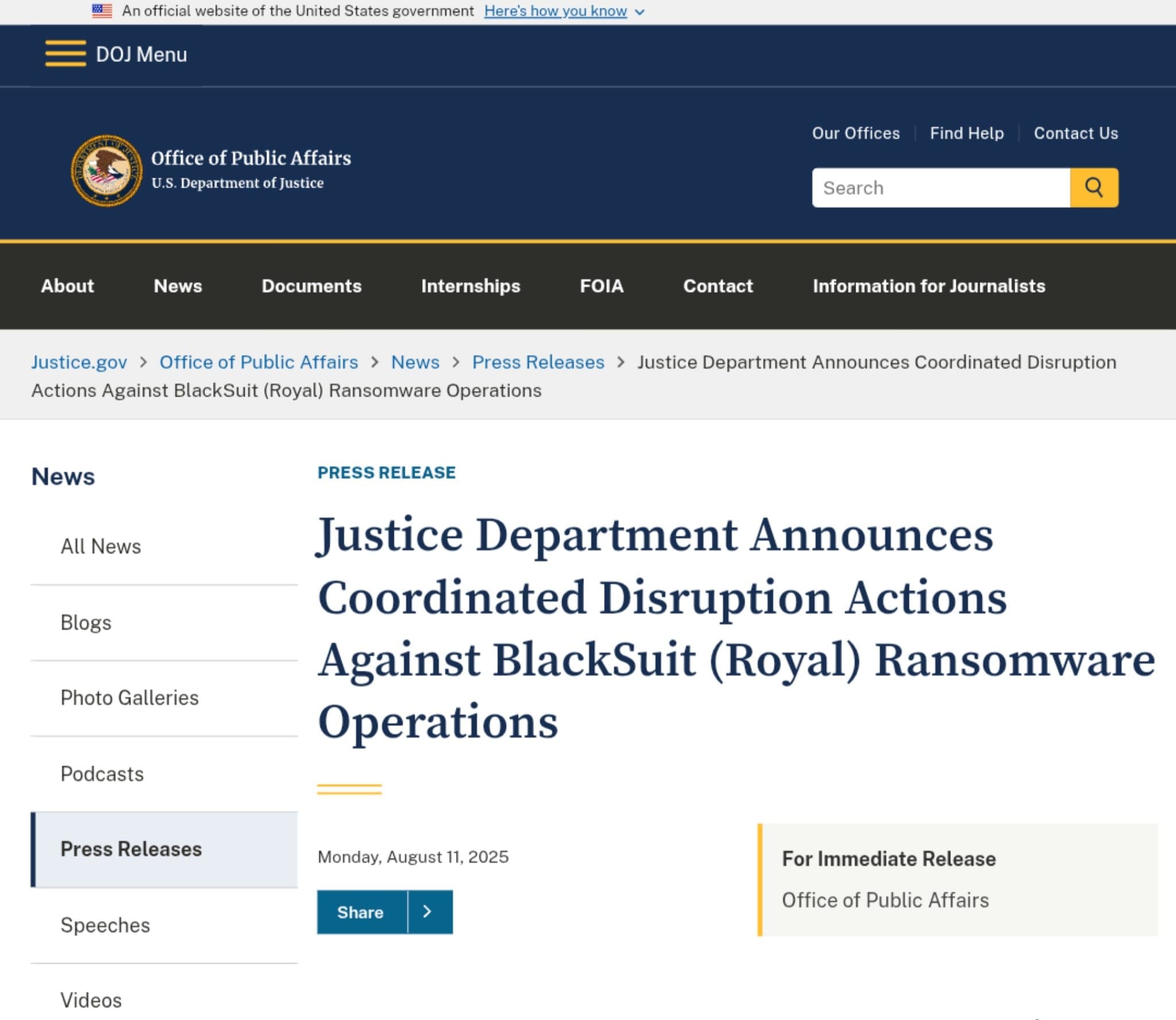 Featured image for: Justice Department Shuts Down BlackSuit Ransomware, Seizes $1.09M and Key Infrastructure Targets Justice Department Shuts Down BlackSuit Ransomware, Seizes $1.09M and Key Infrastructure Targets