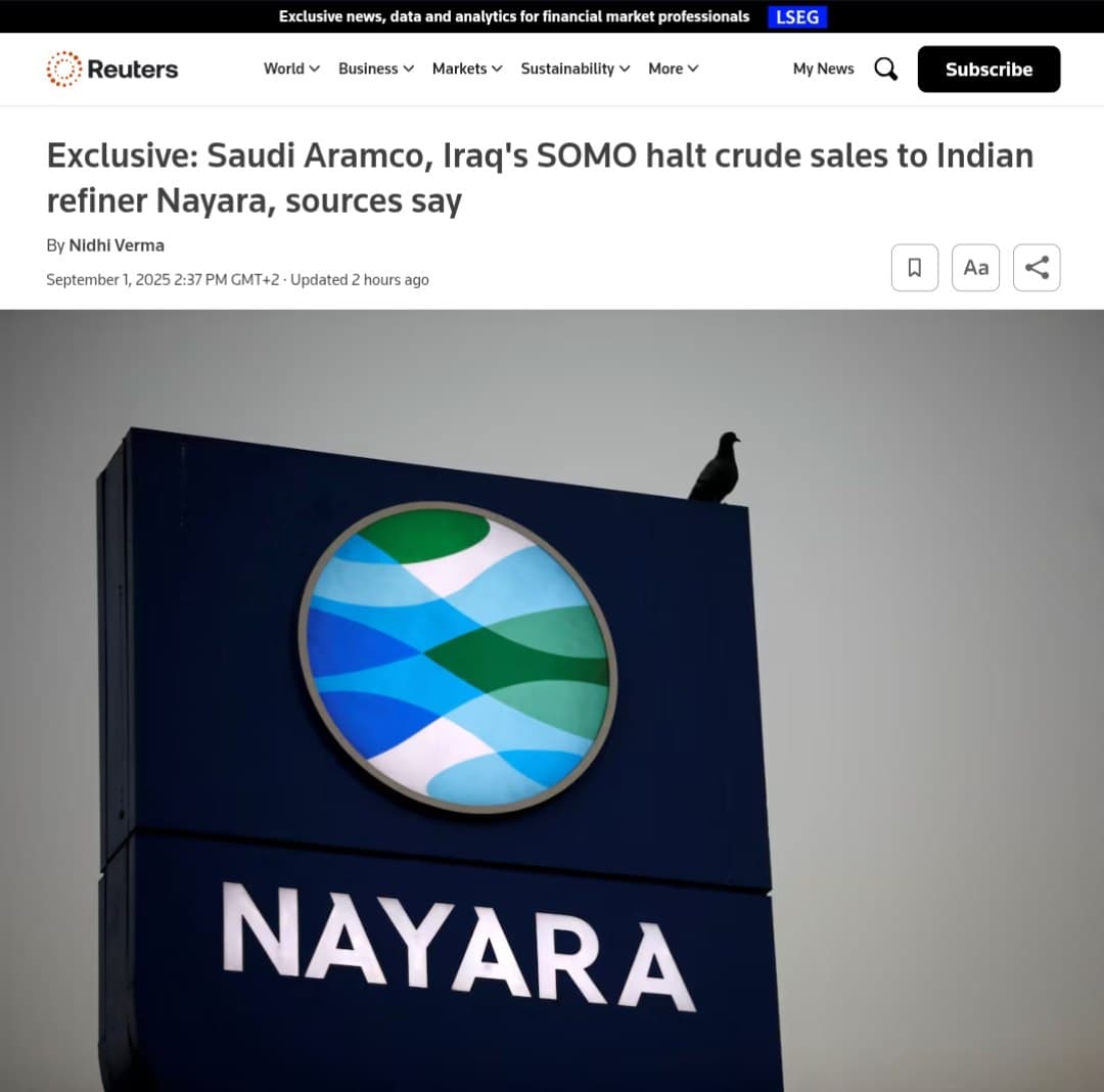 Saudi Aramco and SOMO Cut Crude Supply to India's Nayara Energy
