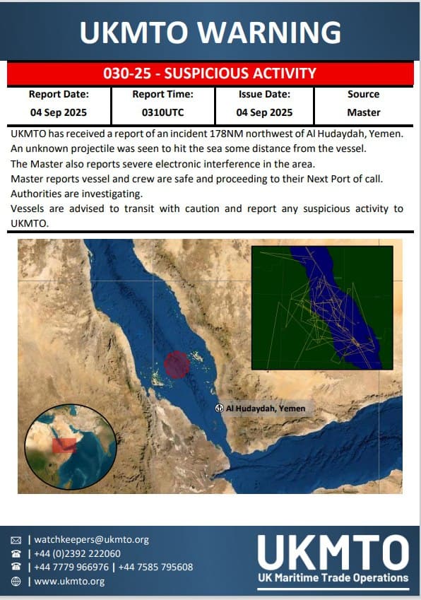 Suspicious Projectile Reported Near Yemen: UKMTO Issues Caution