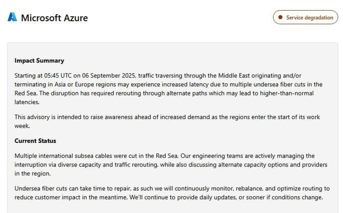 Featured image for: Microsoft Azure Faces Latency Issues After Red Sea Fiber Cuts Microsoft Azure Faces Latency Issues After Red Sea Fiber Cuts