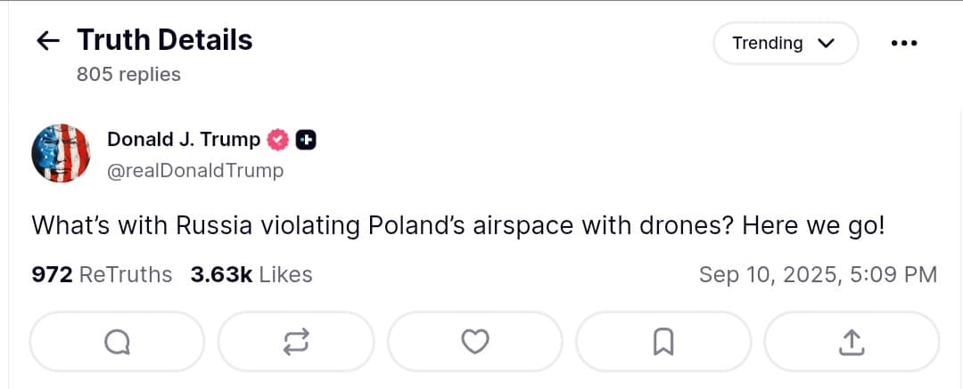 Featured image for: Trump Condemns Russia for Drone Incursions Over Poland Airspace Trump Condemns Russia for Drone Incursions Over Poland Airspace