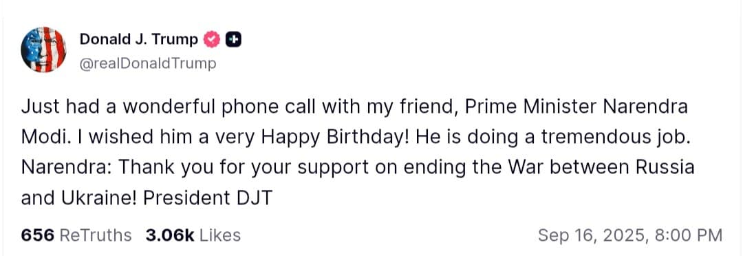 Trump wishes Modi a Happy Birthday and thanks him for support on Ukraine