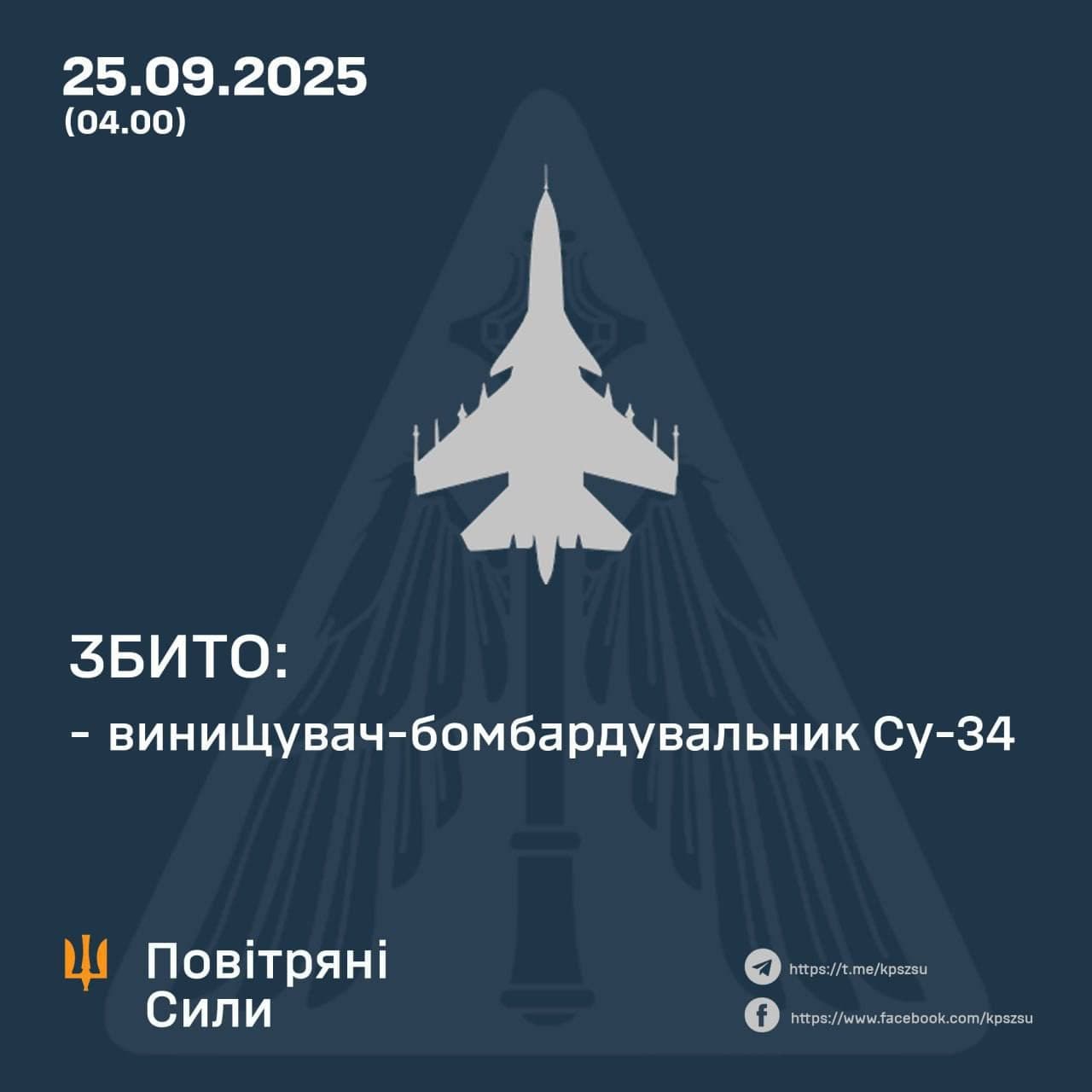 Ukrainian Air Force shoots down Russian Su-34 fighter bomber in Zaporizhzhia