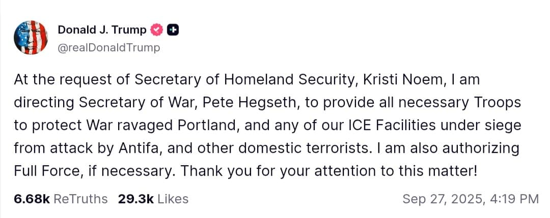 Featured image for: Trump directs Secretary of War to deploy troops to protect Portland Trump directs Secretary of War to deploy troops to protect Portland