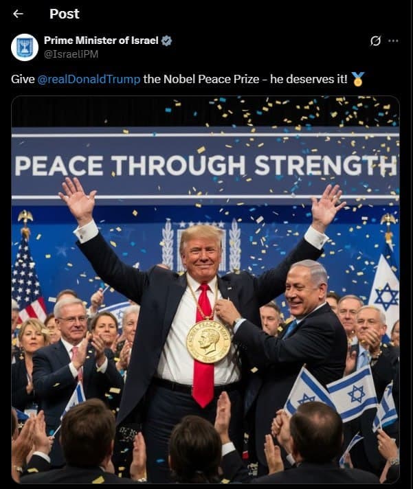 Featured image for: Israeli Prime Minister's Office calls for Trump to receive Nobel Prize Israeli Prime Minister's Office calls for Trump to receive Nobel Prize