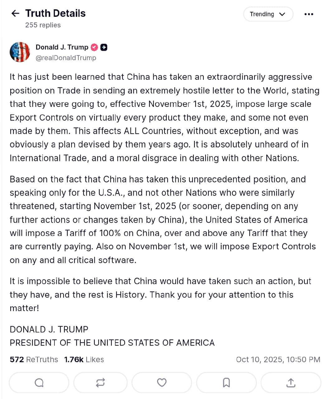 Featured image for: Trump imposes 100% tariffs on all Chinese imports starting November 1 Trump imposes 100% tariffs on all Chinese imports starting November 1