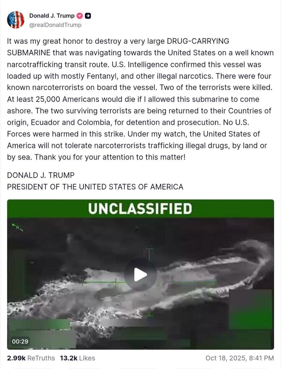 Featured image for: Trump announces U.S. operation destroyed drug-carrying submarine Trump announces U.S. operation destroyed drug-carrying submarine