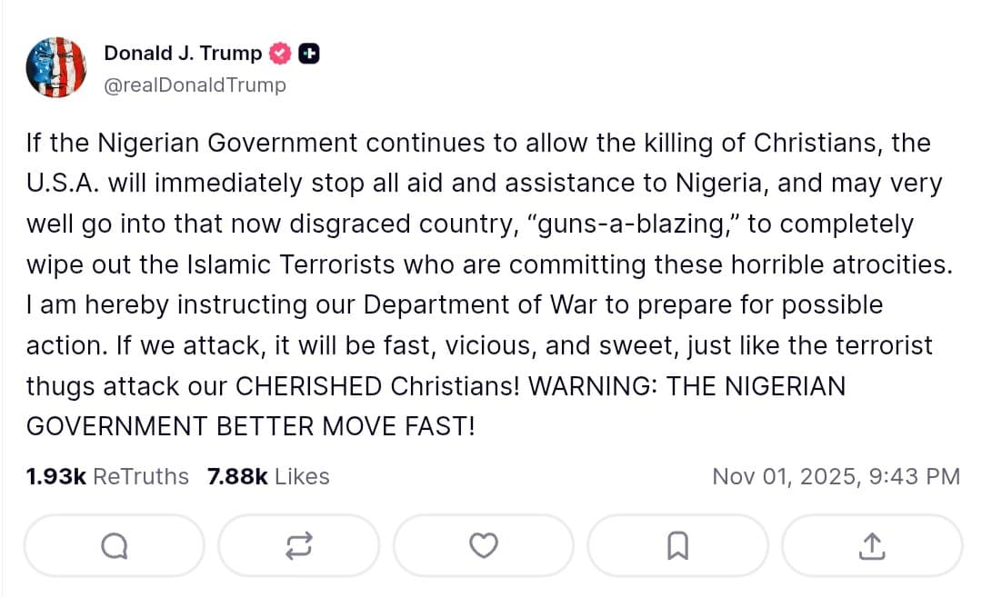 Featured image for: Trump threatens aid cuts to Nigeria and possible military action over violence against Christians Trump threatens aid cuts to Nigeria and possible military action over violence against Christians