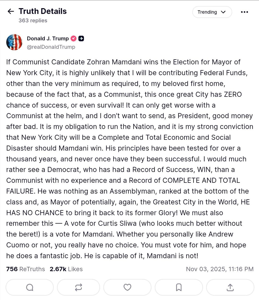 Featured image for: Trump warns of NYC funding cuts if 'Communist' Mamdani wins, endorses Cuomo Trump warns of NYC funding cuts if 'Communist' Mamdani wins, endorses Cuomo