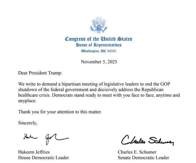 Featured image for: Schumer and Jeffries demand bipartisan meeting with Trump to end shutdown Schumer and Jeffries demand bipartisan meeting with Trump to end shutdown