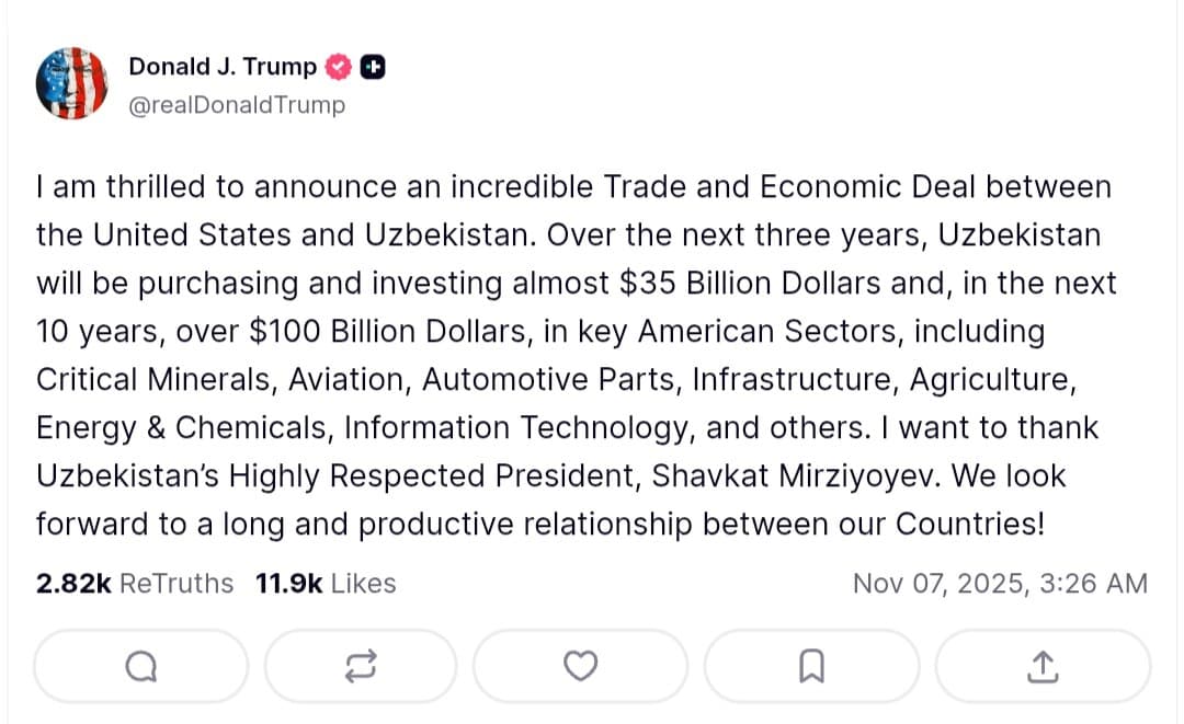 Featured image for: Trump announces $35 billion trade deal with Uzbekistan over three years Trump announces $35 billion trade deal with Uzbekistan over three years