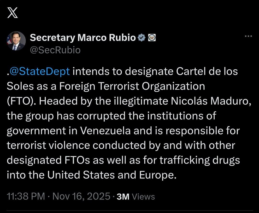 Featured image for: US Secretary of State Marco Rubio announces Cartel de los Soles FTO designation US Secretary of State Marco Rubio announces Cartel de los Soles FTO designation