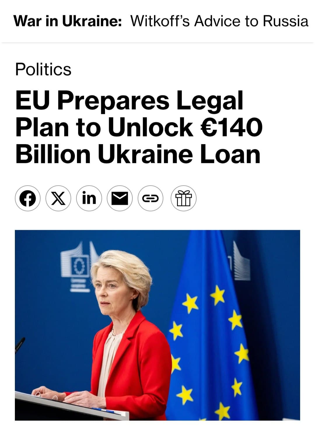 EU to Propose €140B Loan for Ukraine Using Frozen Russian Assets