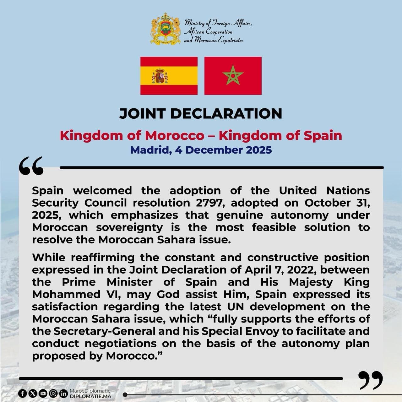 Featured image for: Spain Supports Morocco's Autonomy Plan for Western Sahara in UN Resolution Spain Supports Morocco's Autonomy Plan for Western Sahara in UN Resolution