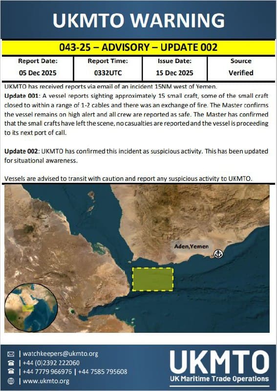 UKMTO reports suspicious activity involving small crafts near Yemen