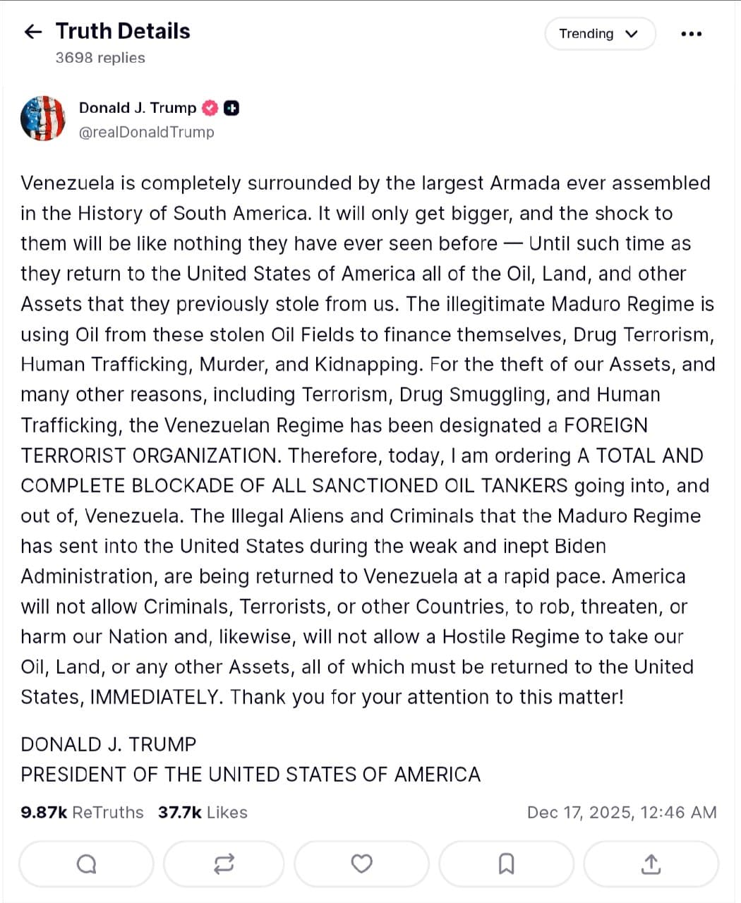 Trump orders total blockade of sanctioned oil tankers to Venezuela