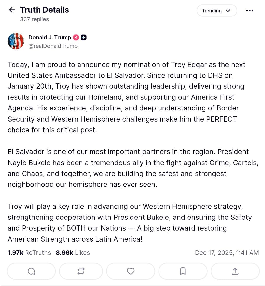 Trump names Troy Edgar as US Ambassador to El Salvador