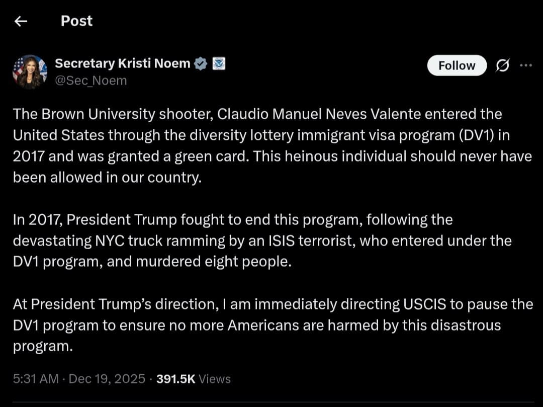 U.S. Homeland Security Secretary directs USCIS to pause DV1 program