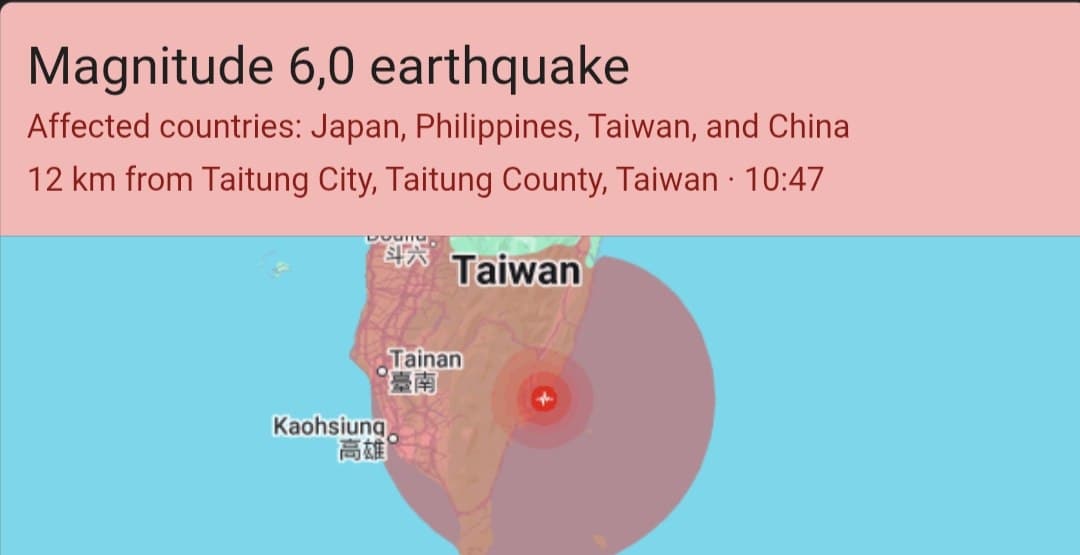 6.0 Magnitude earthquake hits Taiwan, epicenter 12km from Taitung City