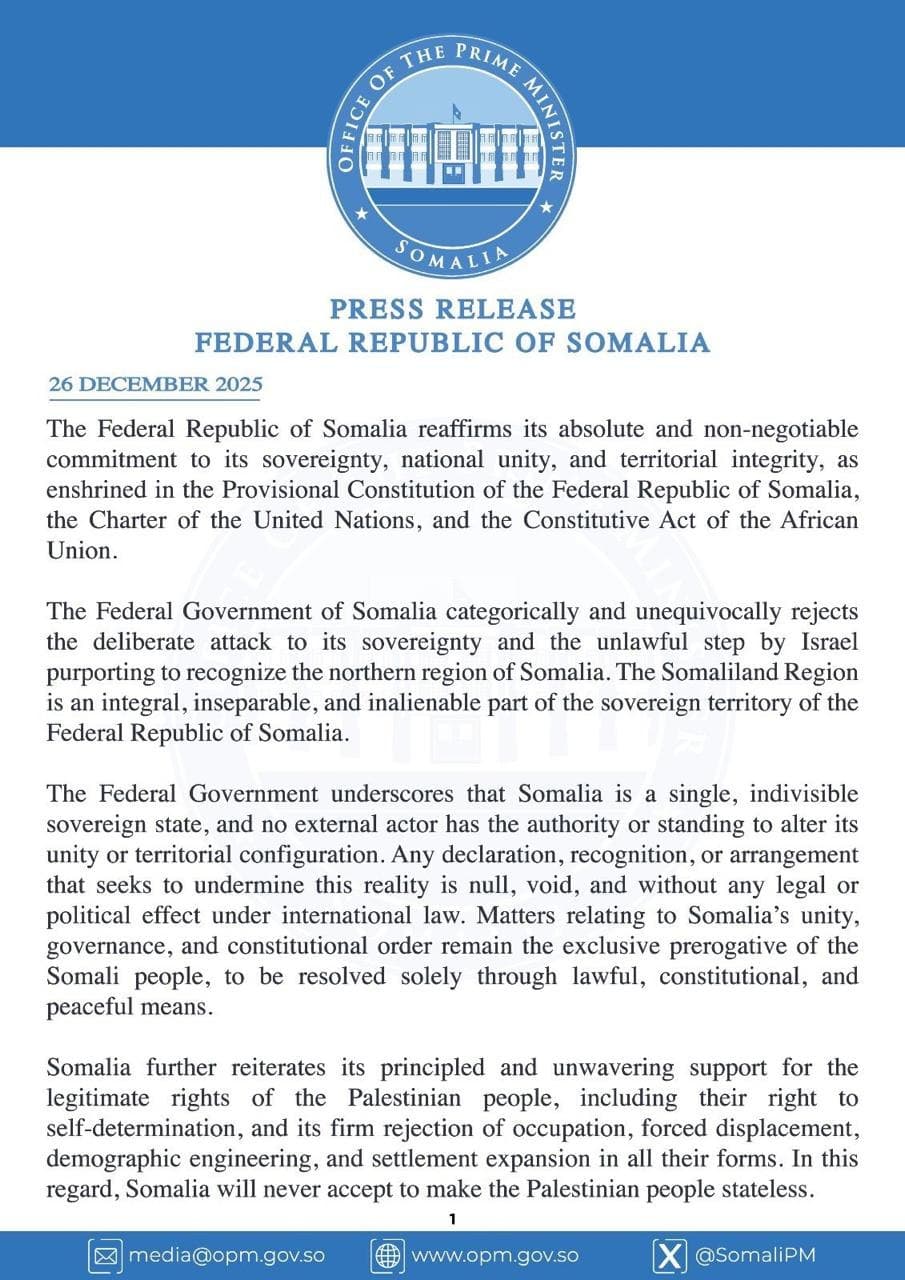 Somalia calls Israeli recognition of Somaliland 'illegal' and a sovereignty attack
