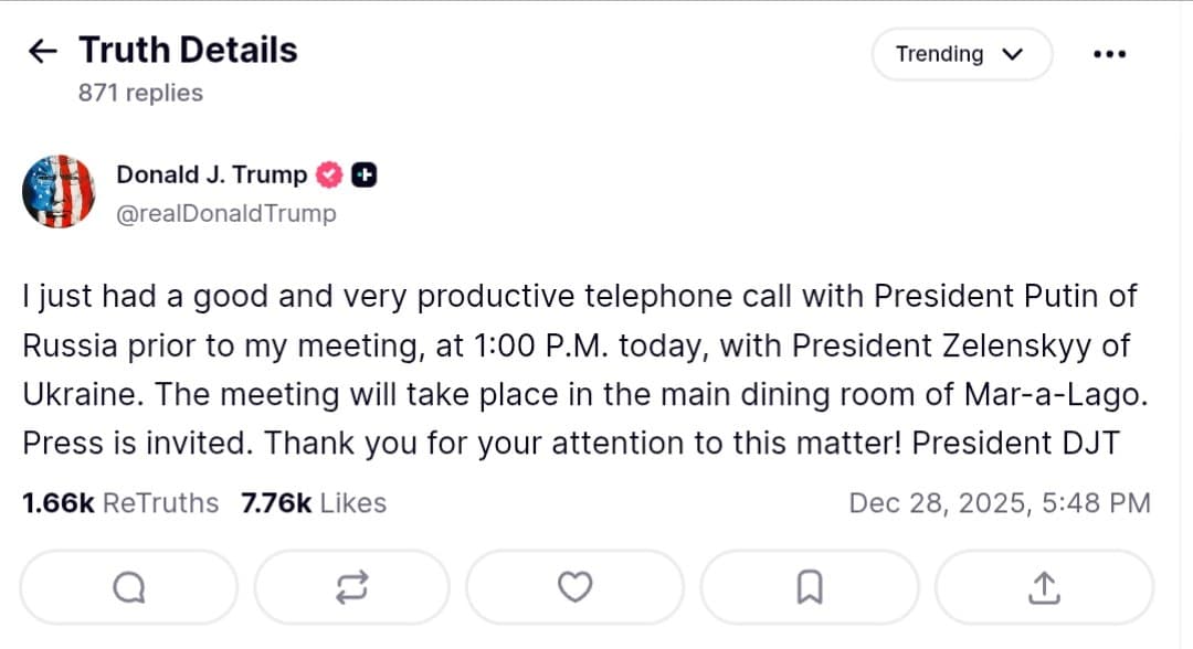 Trump holds productive call with Putin before meeting Zelenskyy at Mar-a-Lago