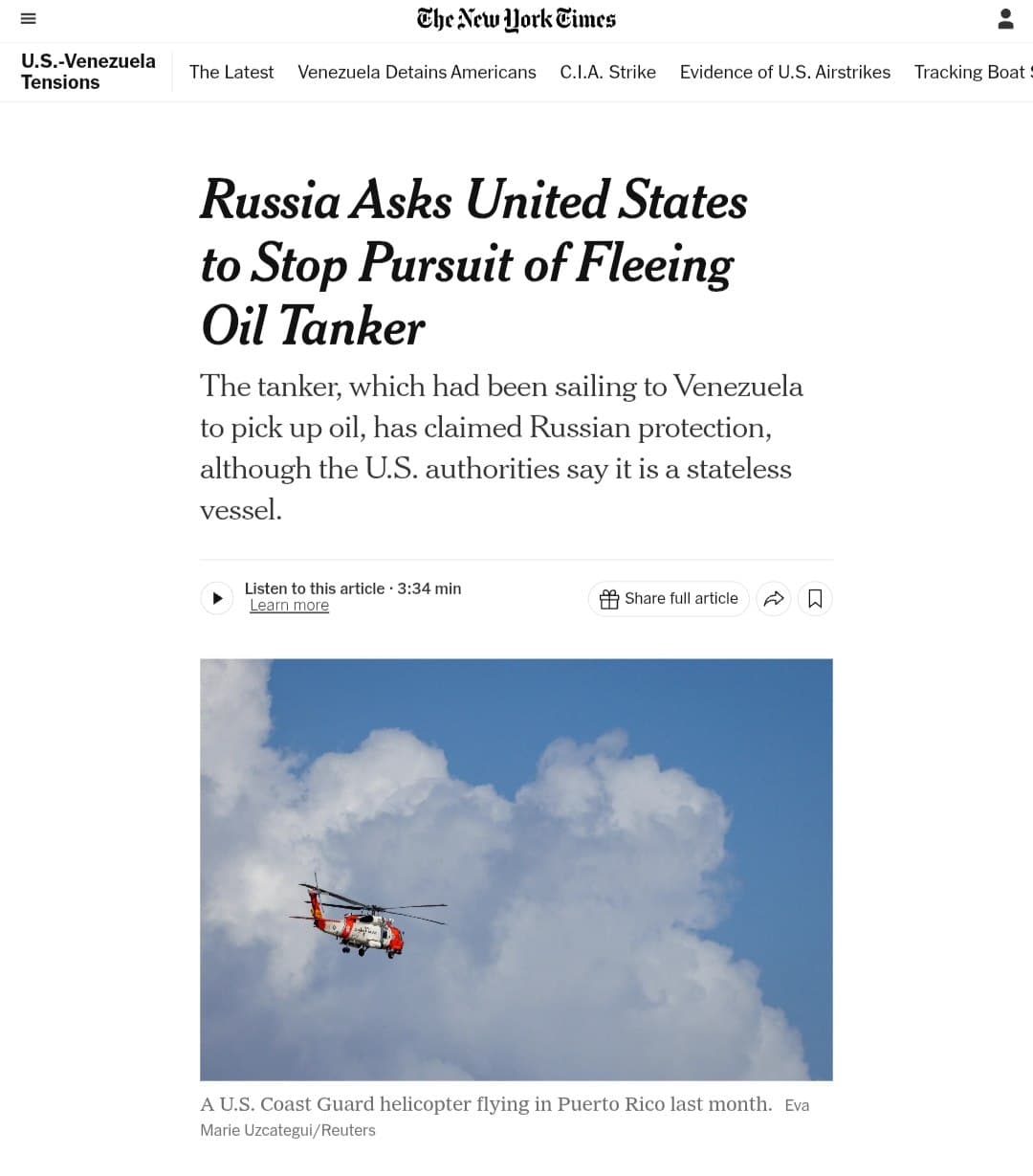 Russia Requests U.S. to Halt Pursuit of Fleeing Oil Tanker