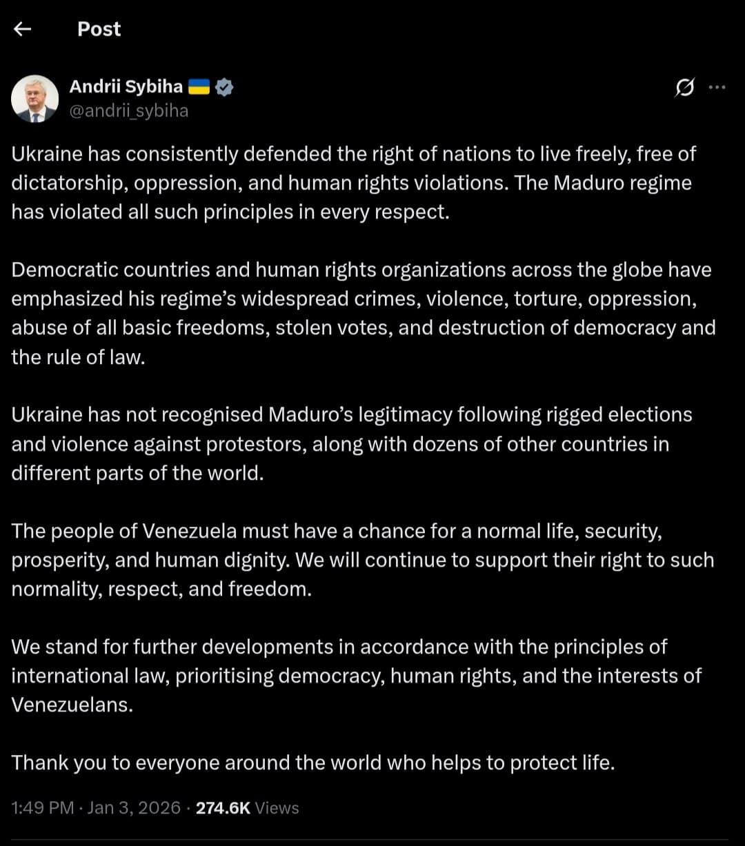 Ukraine does not recognize Maduro's legitimacy due to rigged elections