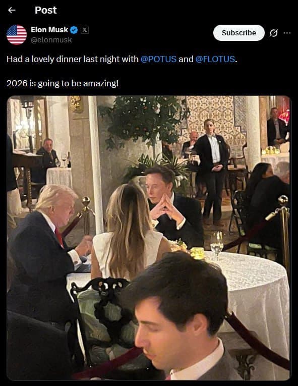 Elon Musk dines with US President Trump and First Lady