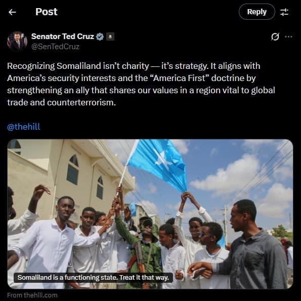 Senator Ted Cruz urges Trump to recognize Somaliland