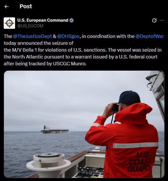 U.S. European Command confirms seizure of Russian tanker Bella 1