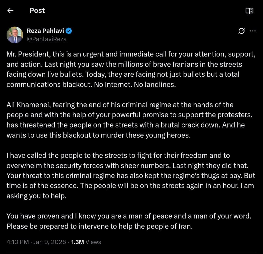 Iranian Crown Prince Reza Pahlavi calls for U.S. support for protesters