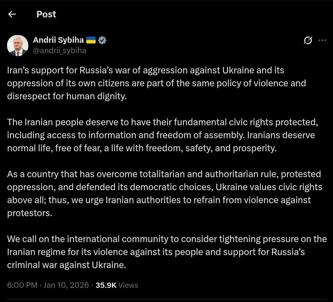 Ukraine urges international community to pressure Iran over violence and support for Russia