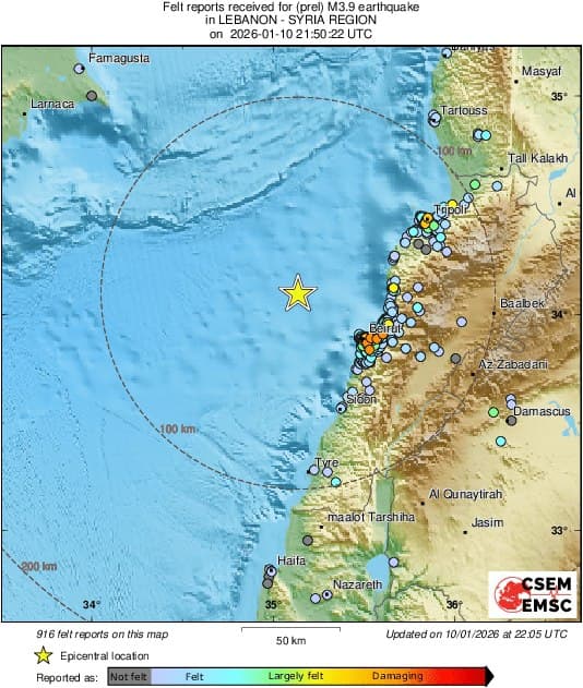 3.9 magnitude earthquake hits Lebanon, epicenter 40km from Beirut