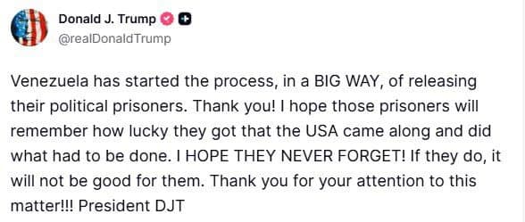 Trump announces Venezuela's process of releasing political prisoners