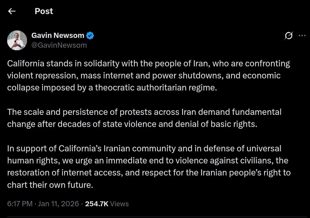 California Governor Newsom supports Iranian protests against repression