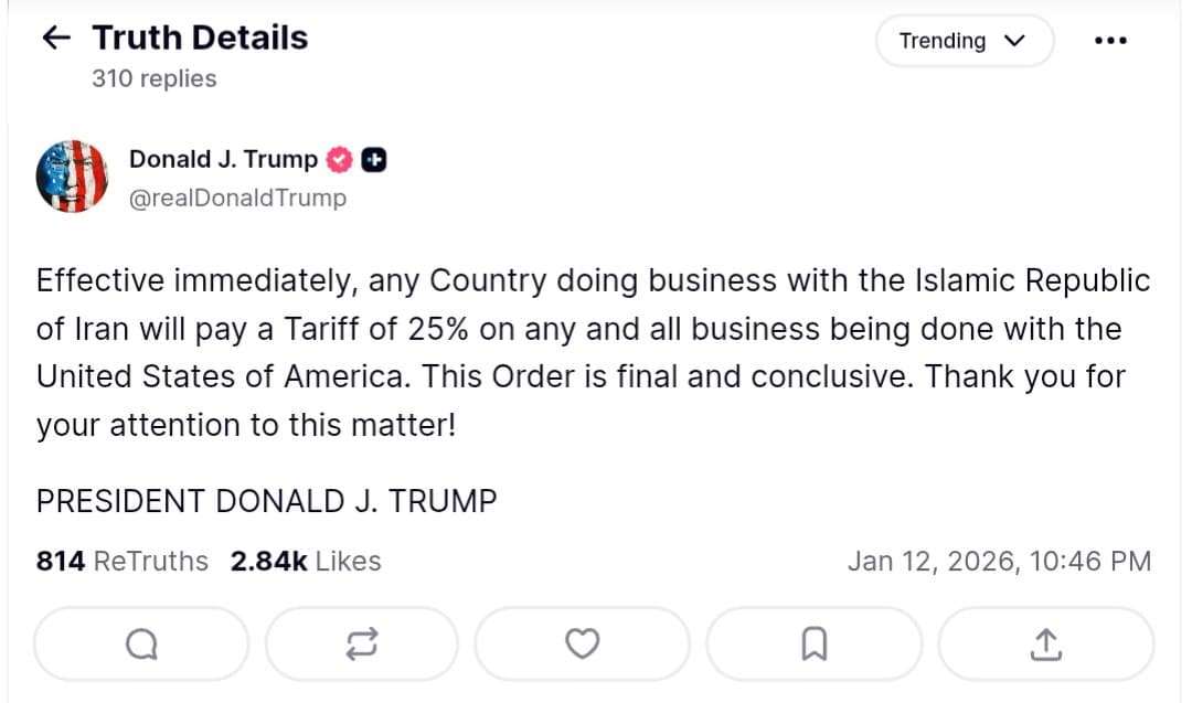 Trump imposes 25% tariff on countries doing business with Iran