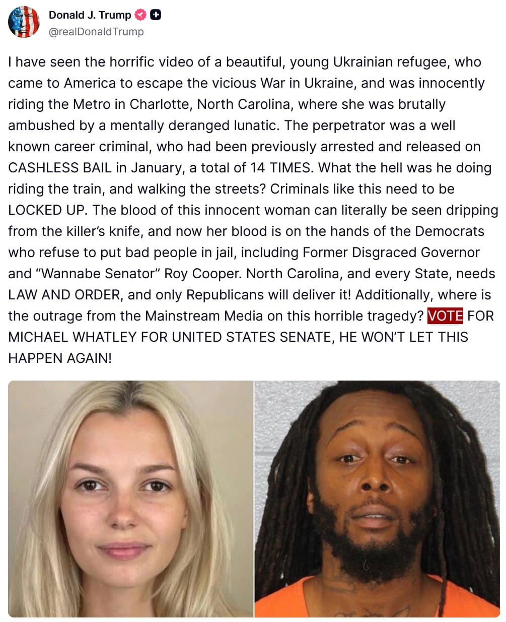 Featured image for: Trump Calls for Votes After Iryna Zarutska's Violent Attack Trump Calls for Votes After Iryna Zarutska's Violent Attack