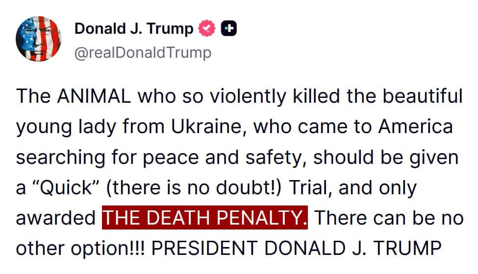Featured image for: Trump Calls for Death Penalty for Killer of Iryna Zarutska Trump Calls for Death Penalty for Killer of Iryna Zarutska