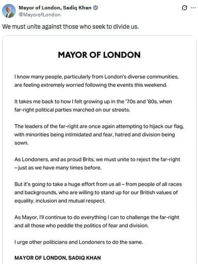 Featured image for: Mayor Sadiq Khan says 'Unite the Kingdom' rally worries diverse communities Mayor Sadiq Khan says 'Unite the Kingdom' rally worries diverse communities