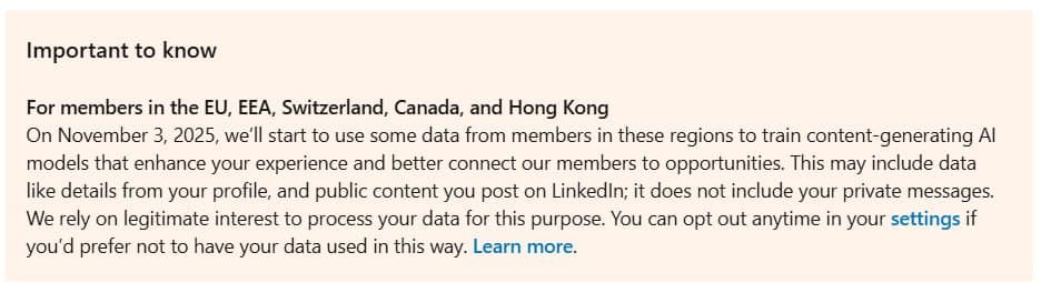 Featured image for: LinkedIn to use data from European users for AI training starting November 3 LinkedIn to use data from European users for AI training starting November 3