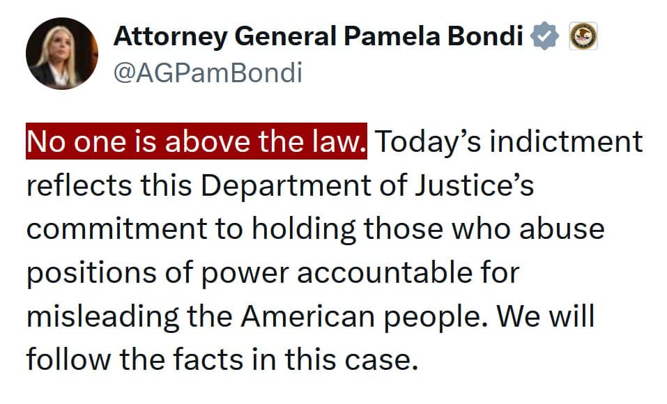 Featured image for: Pam Bondi on Comey's indictment: 'No one is above the law.' Pam Bondi on Comey's indictment: 'No one is above the law.'