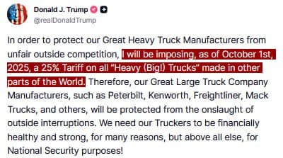Featured image for: Trump announces 25% tariff on all heavy trucks from October 1, 2025 Trump announces 25% tariff on all heavy trucks from October 1, 2025