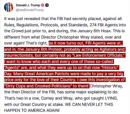 Featured image for: Trump claims 274 FBI agents acted as agitators on January 6th Trump claims 274 FBI agents acted as agitators on January 6th