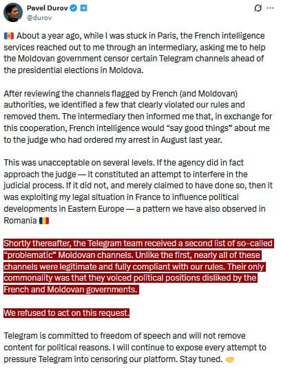 Featured image for: Pavel Durov says French intelligence requested censorship of Moldovan Telegram channels Pavel Durov says French intelligence requested censorship of Moldovan Telegram channels