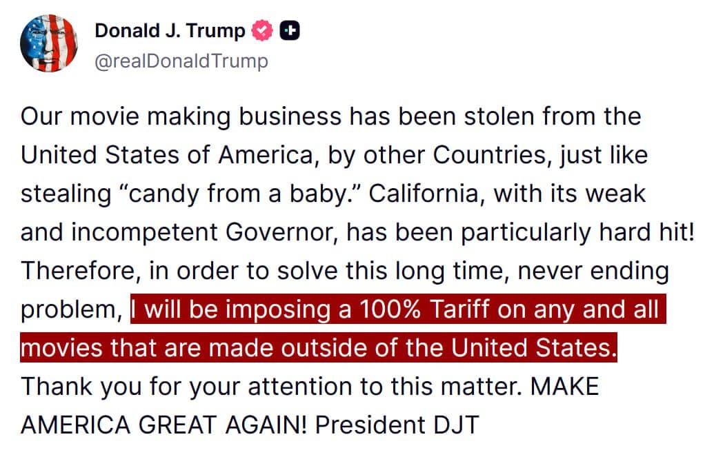 Featured image for: Trump to impose 100% tariff on all foreign-made movies Trump to impose 100% tariff on all foreign-made movies