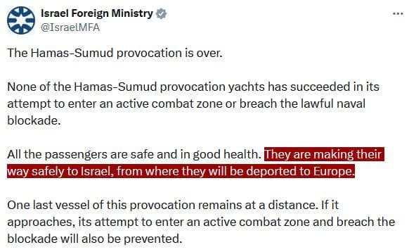 Featured image for: Israel Foreign Ministry: Hamas-Sumud provocation is over, passengers deported to Europe Israel Foreign Ministry: Hamas-Sumud provocation is over, passengers deported to Europe