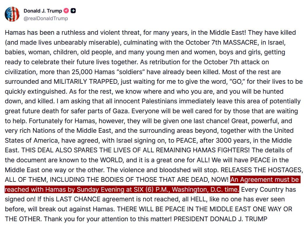 Featured image for: Trump gives Hamas deadline of Sunday at 6PM ET for deal Trump gives Hamas deadline of Sunday at 6PM ET for deal