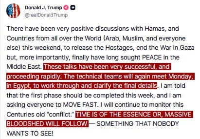 Featured image for: Trump says discussions with Hamas positive, teams to meet in Egypt Monday Trump says discussions with Hamas positive, teams to meet in Egypt Monday