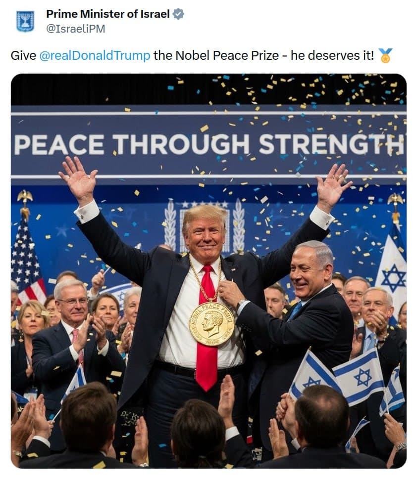 Featured image for: Netanyahu's Press Office: 'Give Trump the Nobel Peace Prize' Netanyahu's Press Office: 'Give Trump the Nobel Peace Prize'